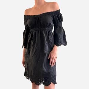Silk off the shoulder black babydoll dress with eyelet detail - XS, Marciano
